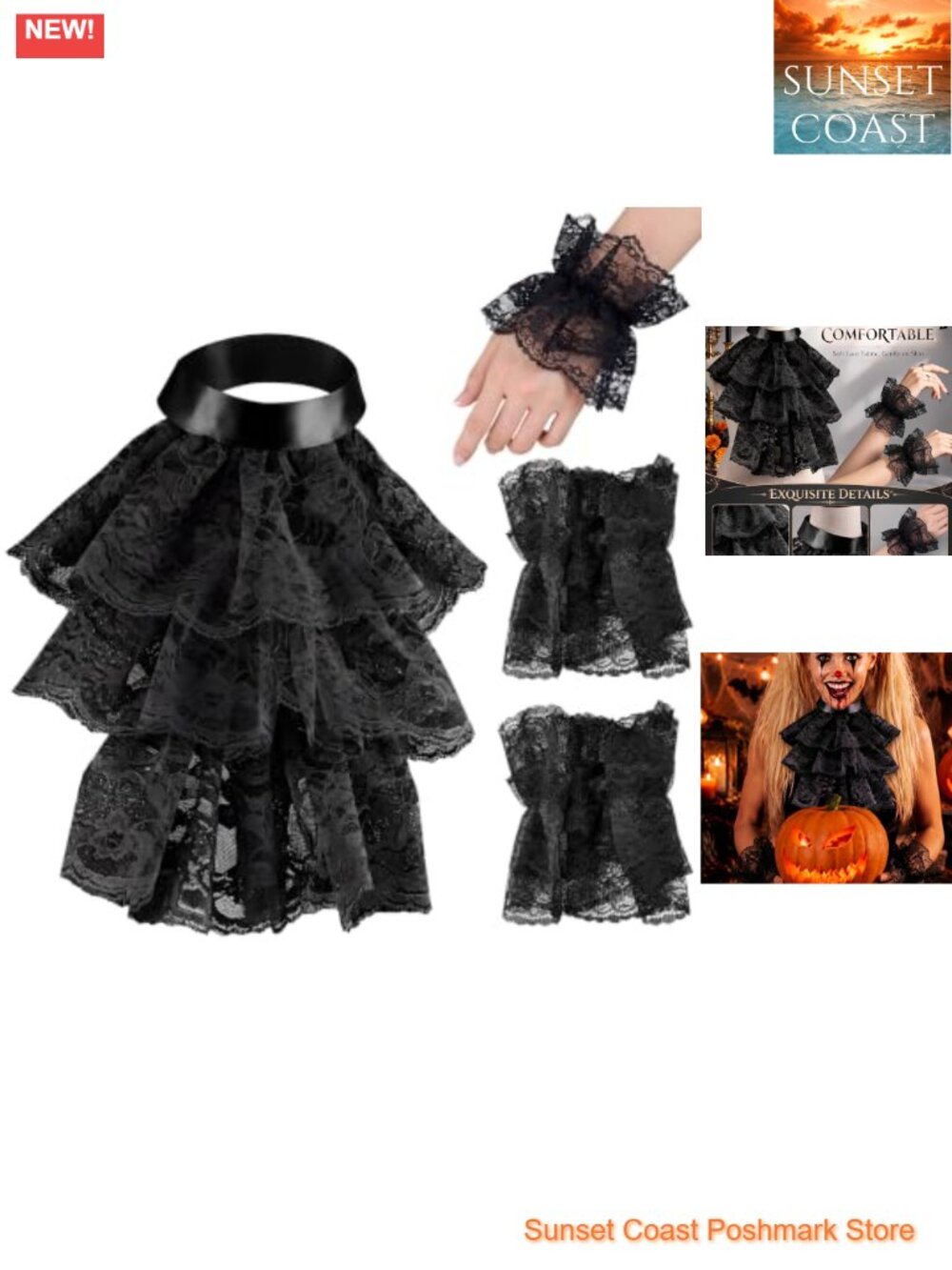 Clown Ruffle Collar & Cuffs Set Satin Lace Costume Accessories